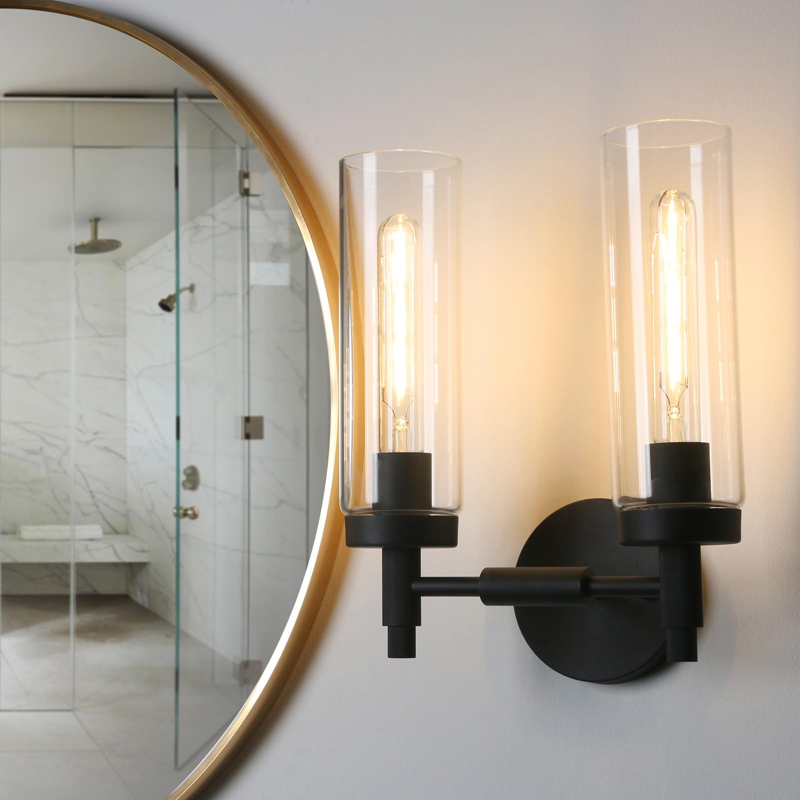 Phansthy Rustic Industrial Wall Sconce Light with Tubular Clear Glass Lampshade (Double Sconce)
