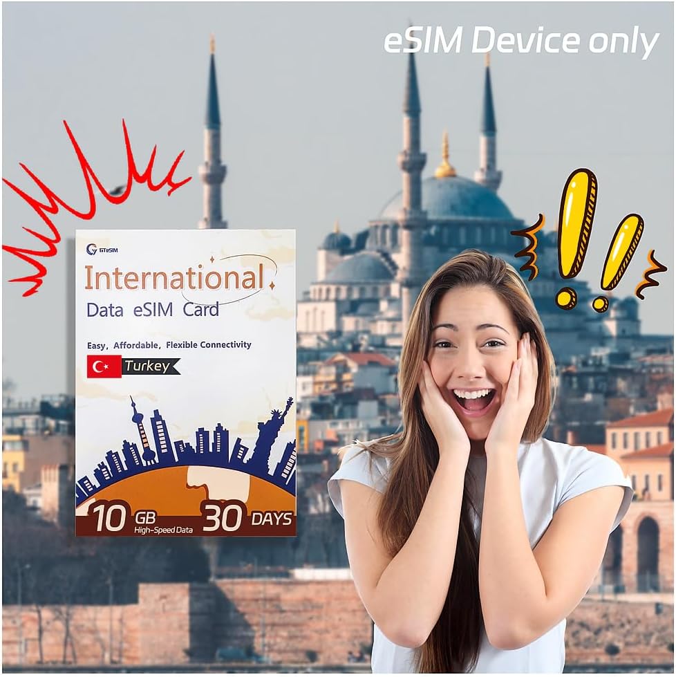 Turkey(Turkiye) eSIM: 20GB High-Speed Data & Unlimited Low Data 30 Days Repaid Plan, No Roaming Charges, Supports Turk Telekom, Hotspot, No Contract, No SIM Card