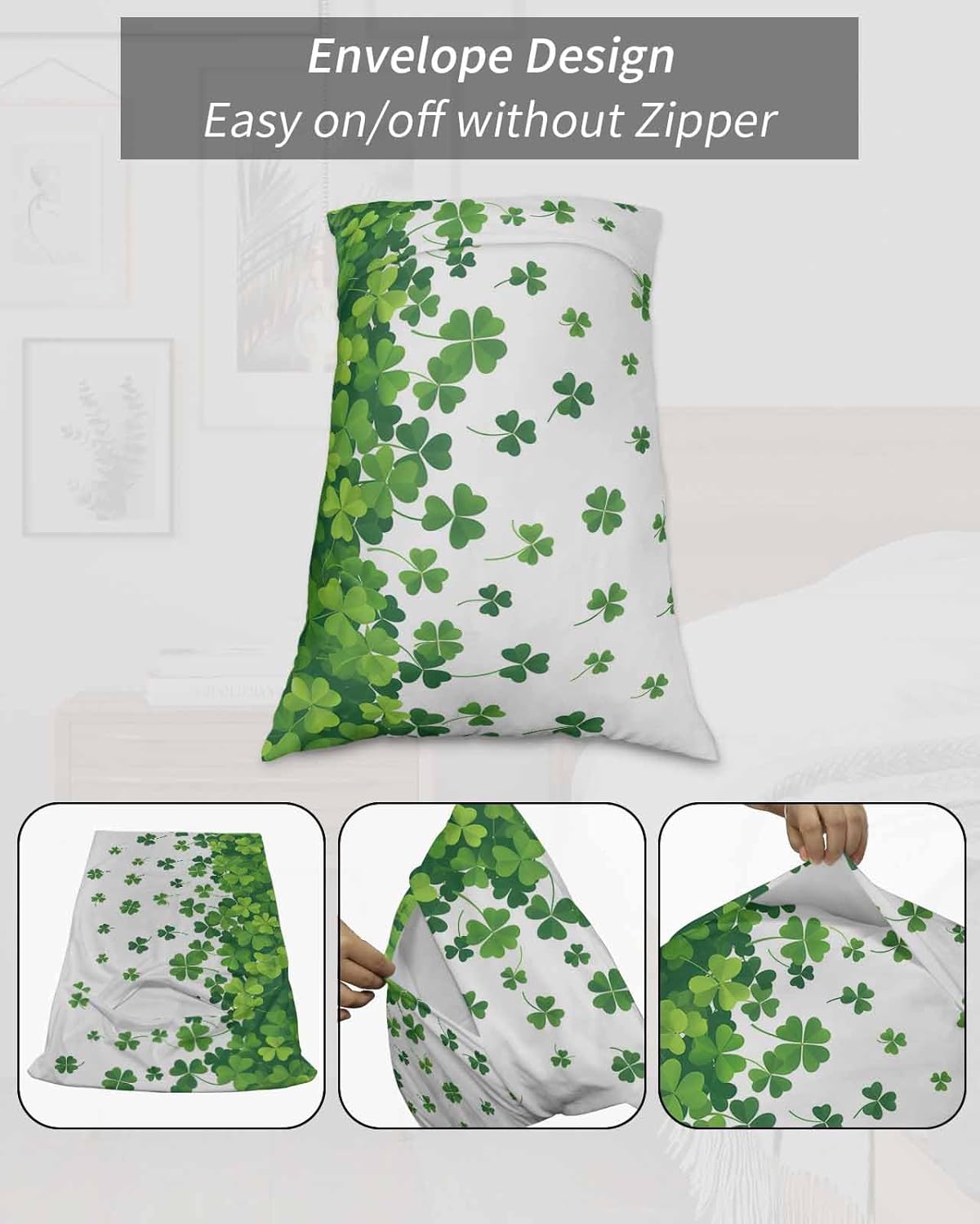 DecorLovee St. Patrick's Day Pillow Cases Standard Size Set of 2 - Microfiber Bed Throw Pillow Covers, Weeping Lucky Clover Green Botanical Lumbar Pillow Cover with Envelope Closure for Sofa 20"x26"