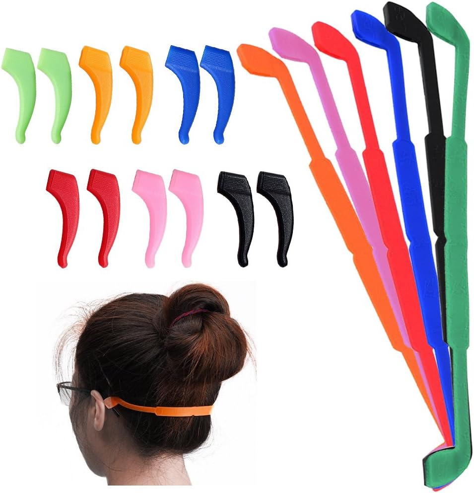 SENHAI 6 Pack Anti-Slip Silicone Glasses Straps with 6 Pairs Ear Grip Hooks, Soft Eyewear Retainer Eyeglasses Holder for Kids Adult Sports - Black, Red, Orange, Pink, Blue, Green