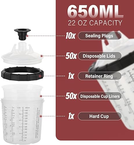Miniatura 8 de ROADGIVE Vasos desechables para pistola de pintura (6.7 onzas), kit de taza de pintura en aerosol con 50 revestimientos de tazas, 50 tapas, 20