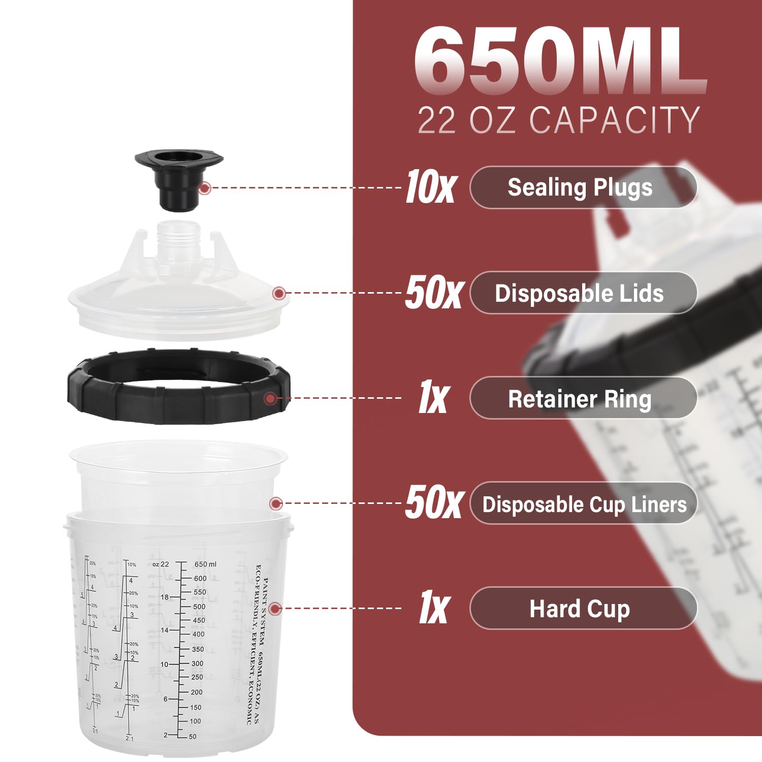 ROADGIVE Disposable Paint Spary Gun Cups(650 ML/22 OZ), Spray Paint Cup Kit with 50 Cup Liners, 50 Lids, 10 Sealing Plugs, 1 Retainer Ring, 1 Hard Cup