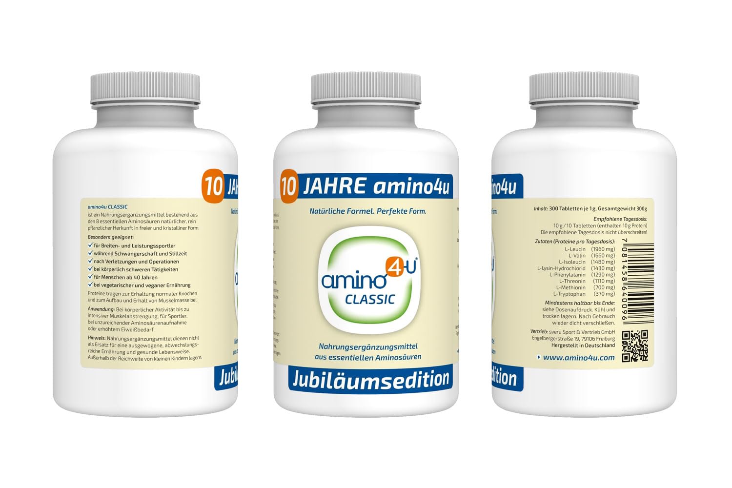 300g Dose - Aminosäuren Komplex mit 8 essentiellen Aminos (EAA & BCAA) - Vegan, ohne Zusätze und aus Deutschland - 300 Tabletten