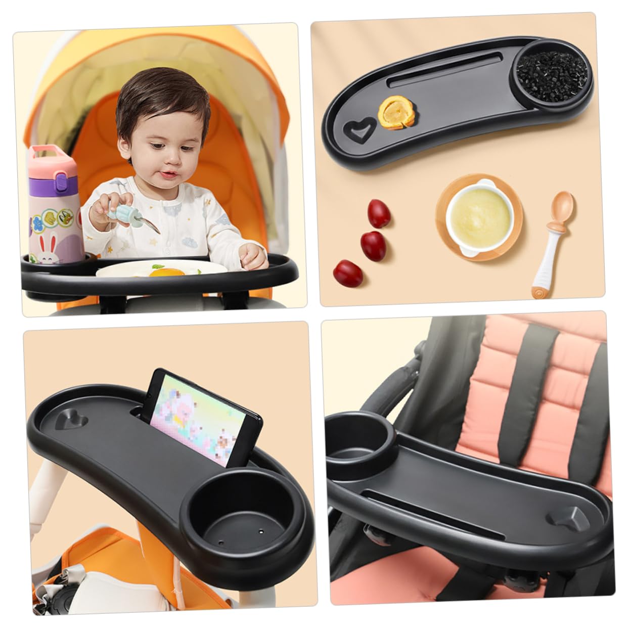 Accessoire Plateau Sécurisé Pratique avec Porte-gobelet Noir et Amovible Repas en Plastique pour Poussette Bébé pour Collation Promenade