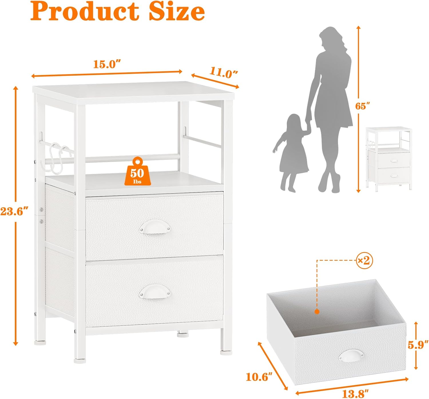 Diagram showing the dimensions of the Furologee nightstand and its components, including two fabric drawers and an open shelf.