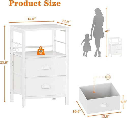 Miniatura 3 de Furologee Juego de 2 mesitas de noche, mesa auxiliar con 2 cajones de tela, mesita de noche con 2 ganchos, estante de madera abierta para