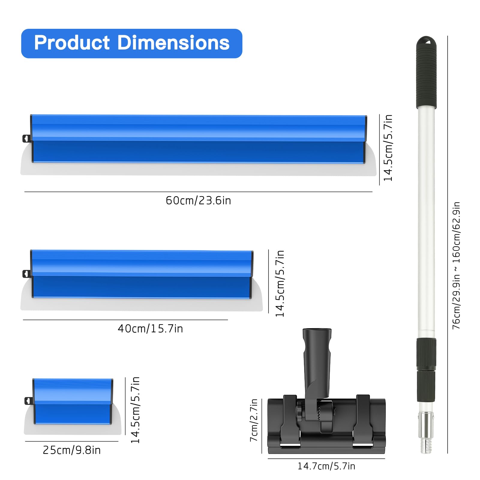 Kit de spatules de surface (250/400/600 mm) et tige télescopique de 0,97 m à 1,82 m avec adaptateur, kit de spatule de lissage multifonction pour grand espace de travail, décoration murale (Bleu) - 3