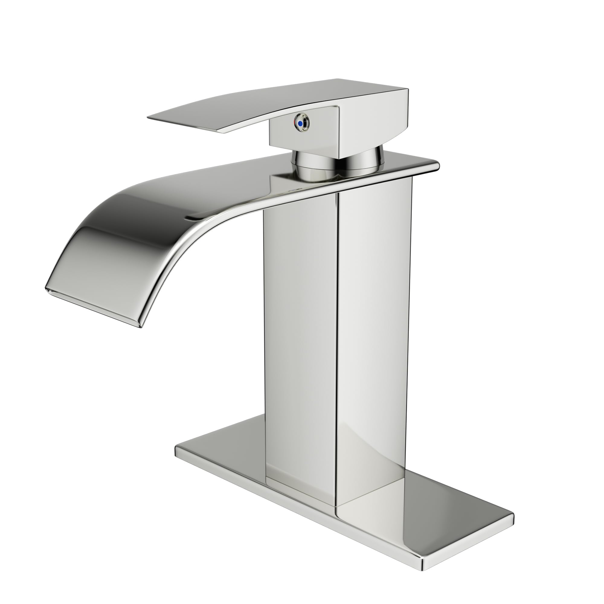 BASDEHEN Silver Waterfall Spout Bathroom Faucet, Stainless Steel Single Hole Bathroom Sink Faucet, RV Vanity Faucet with Deck Plate, 1-Hole or 3-Hole Bathroom Sink Faucet (Polished Chrome)