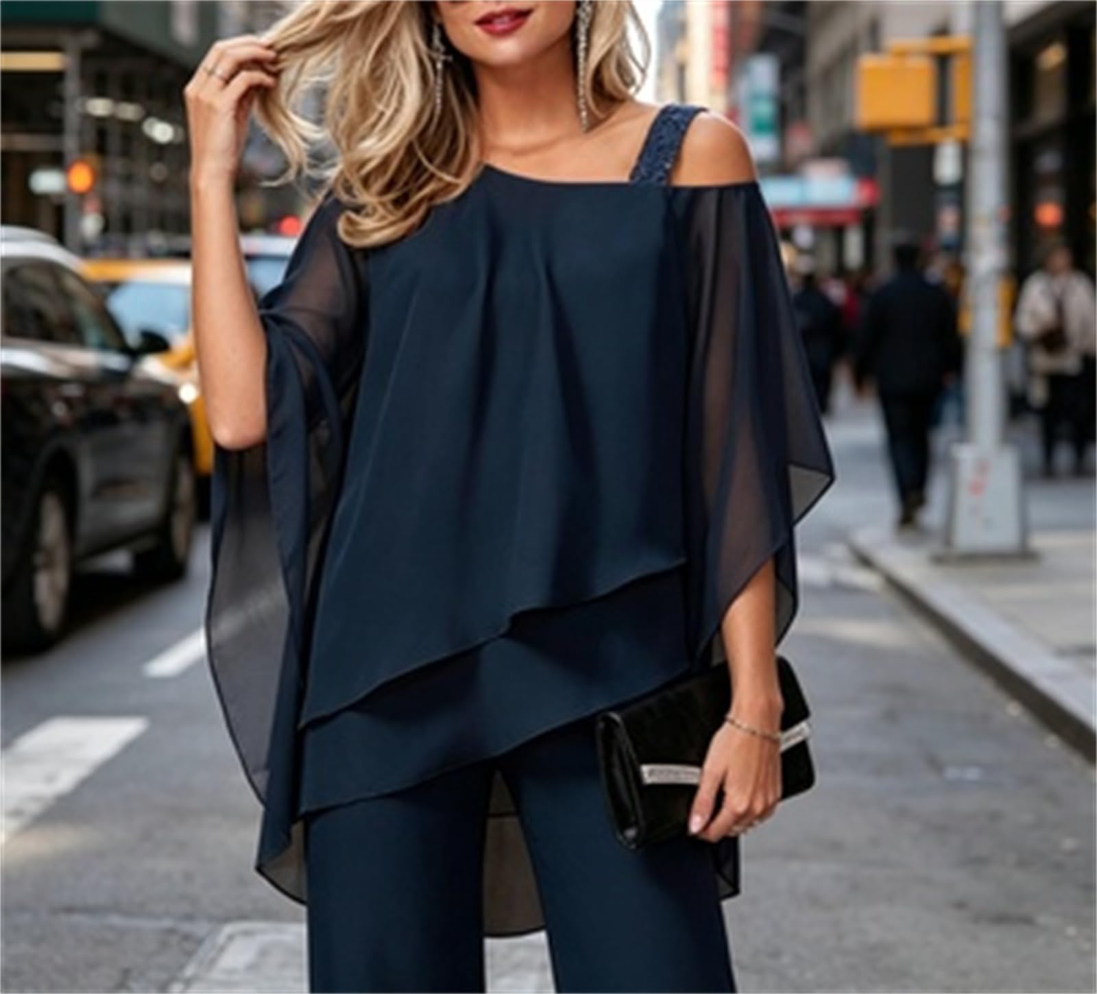 Generisch Elegantes Set aus Chiffon-Lagen-Top & Hose mit weitem Bein – Zweiteiliges Damen-Outfit mit asymmetrischem Oberteil und High-Waist-Hose für festliche Anlässe