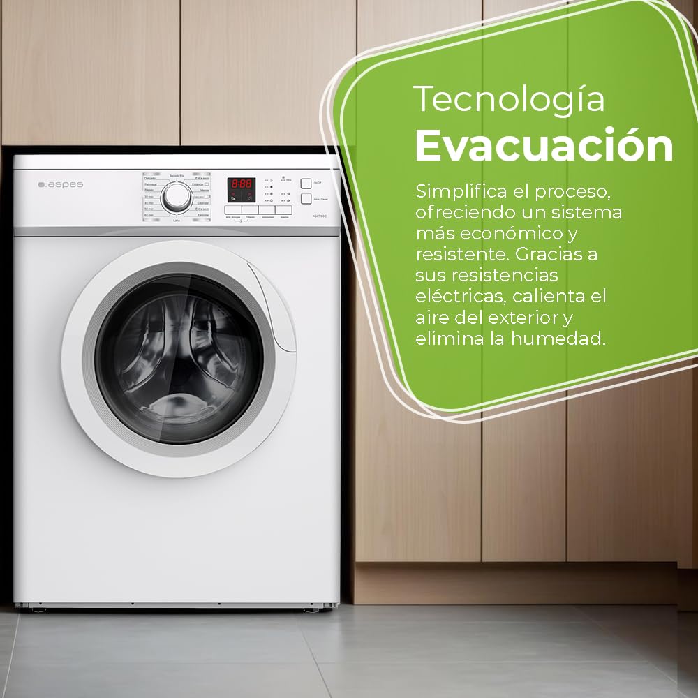 Aspes Secadora de Evacuación 7Kg Carga Frontal Blanco ASE700C. 2000W, 16 Programas, Función Antiarrugas, Función Antiarrugas, Display LED manual, Eficiencia Energética Clase C