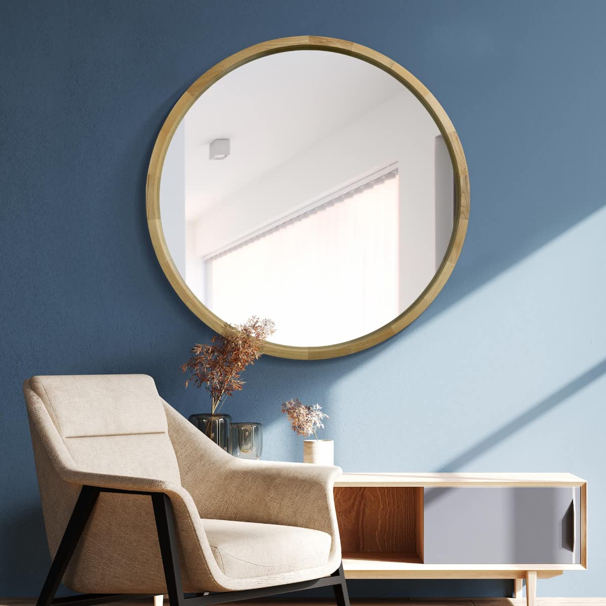 MirrorOutlet The Naturalis - Solid Oak Round Circular Modern Wall Mirror 39" X 39" (100CM X 100CM) 48m deep and 24mm wide frame. Scandinavian Inspired!, Brown