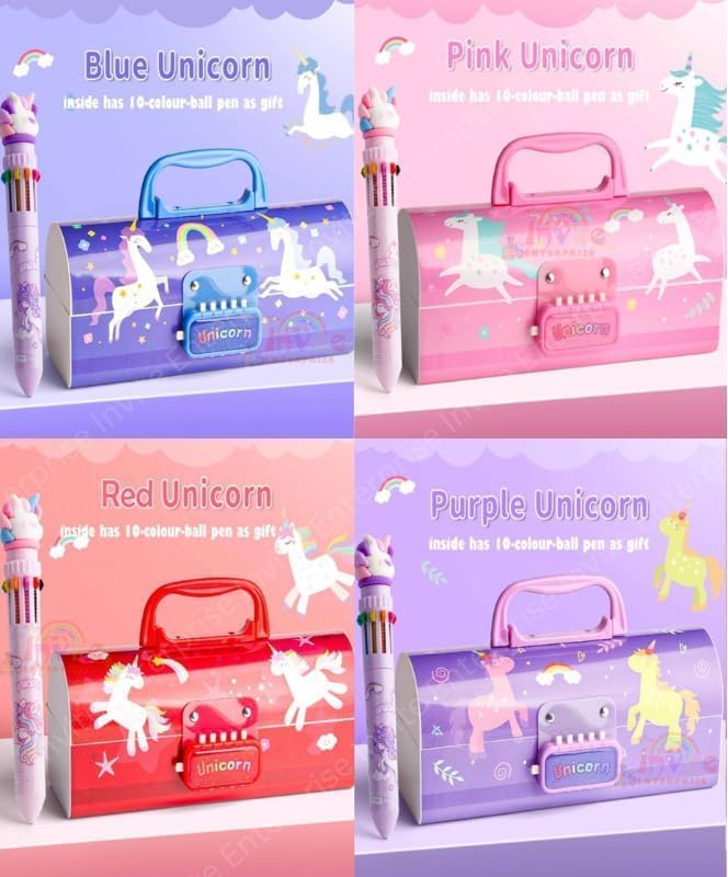 Image of WORSHIPER New Cartoon Theme Pencil Box with Push Pull Eraser Set for Kids | Suitcase Style Password Lock Stationery Organizer | School Supplies Gift Combo for Boys & Girls (Blue Unicorn + Eraser)