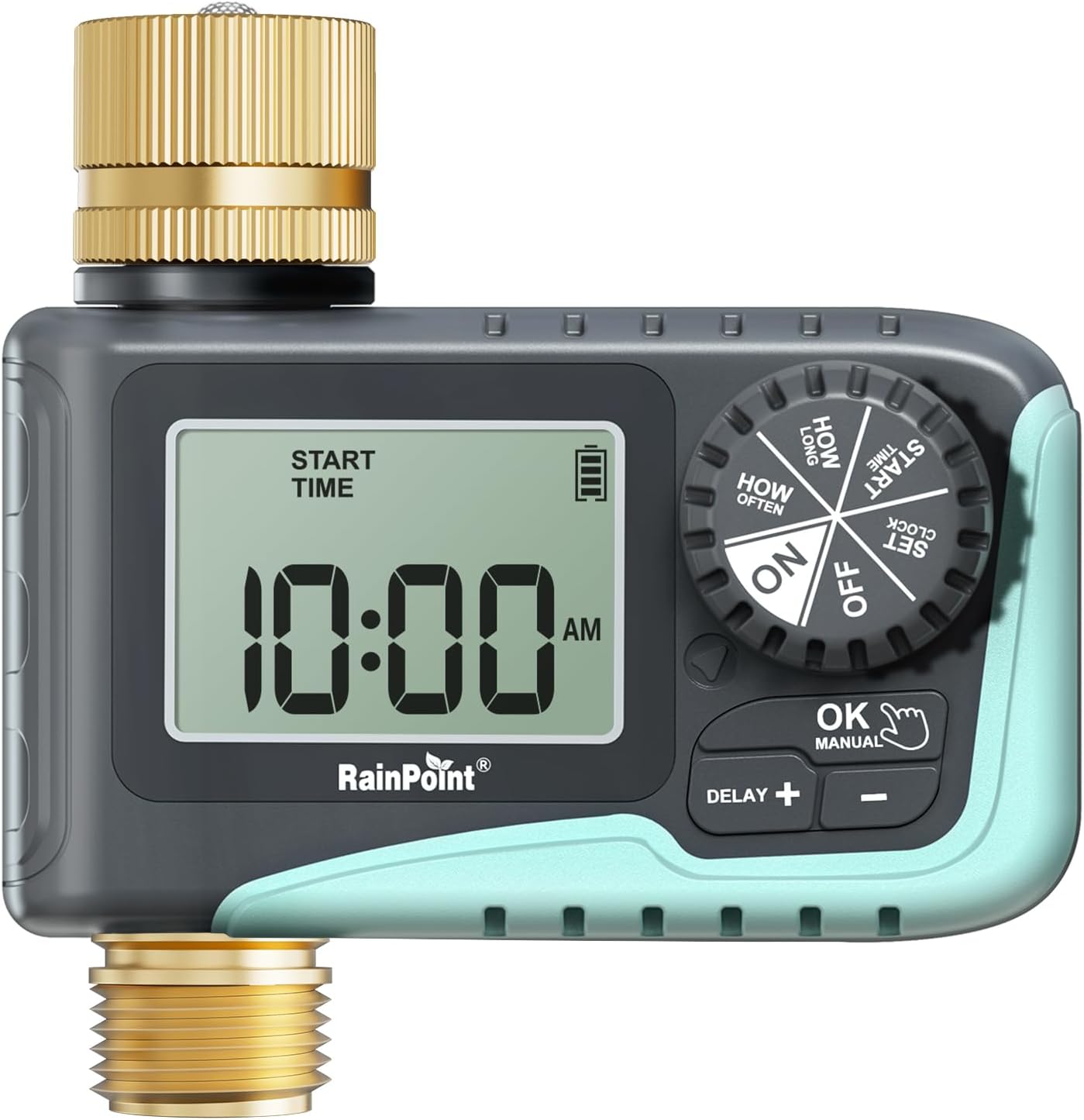 RAINPOINT Sprinkler Timer with Brass Inlet & Outlet, Programmable Hose Timer for Garden Soaker Hose, Water Timer with Rain Delay/Manual Watering System, Digital Drip Irrigation Timer for Yard, Lawn