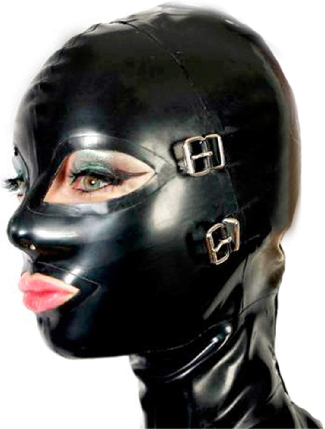 Black Latex Hood Mask with Removable Blindfold and Mouth Piece Gag Nose Nasal Tube Back Zipper Open Eyes Mouth Nose