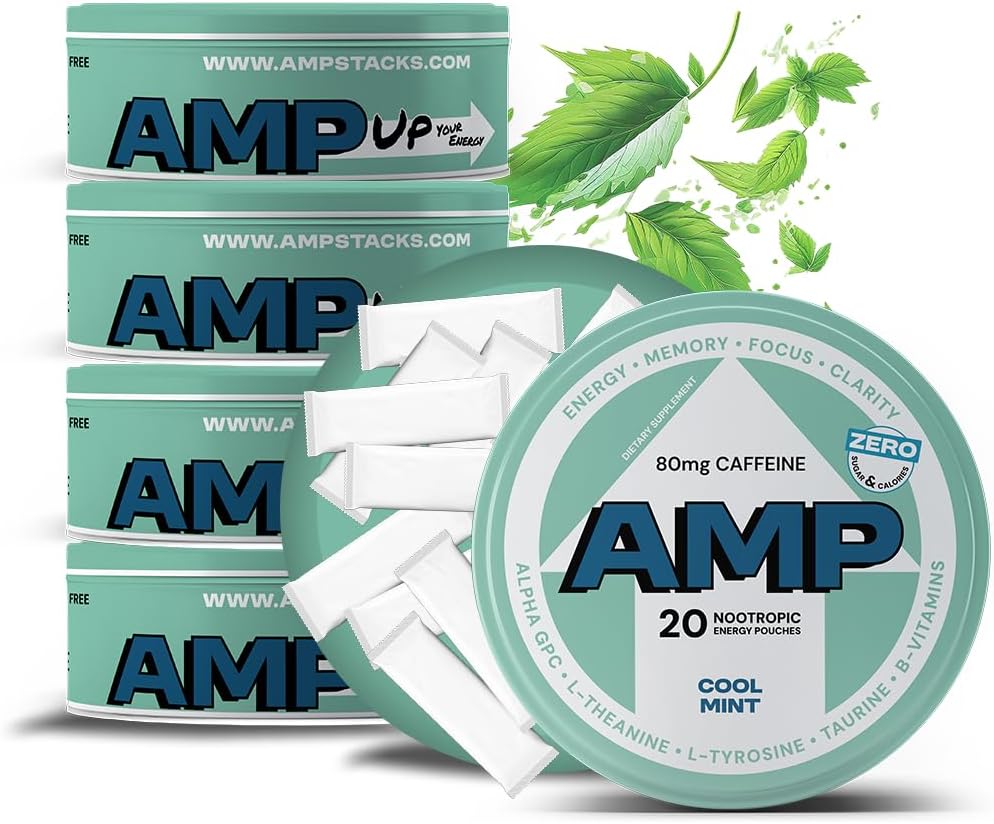 Energy Pouches Cool Mint 20 Pouches per Can 5 Packs - 80mg Caffeine & Nootropic Blend - Zero Sugar, Nicotine-Free - Enhances Focus, Memory & Performance