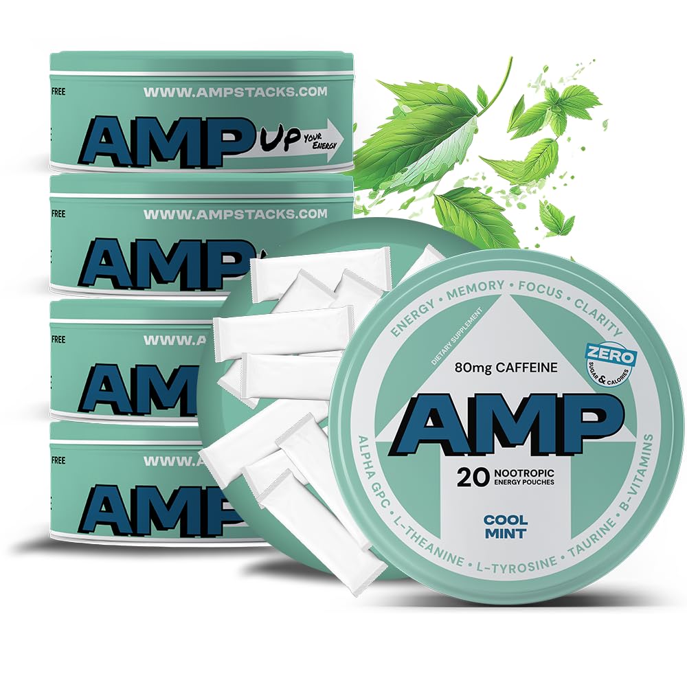 Energy Pouches Cool Mint 20 Pouches per Can 5 Packs - 80mg Caffeine & Nootropic Blend - Zero Sugar, Nicotine-Free - Enhances Focus, Memory & Performance