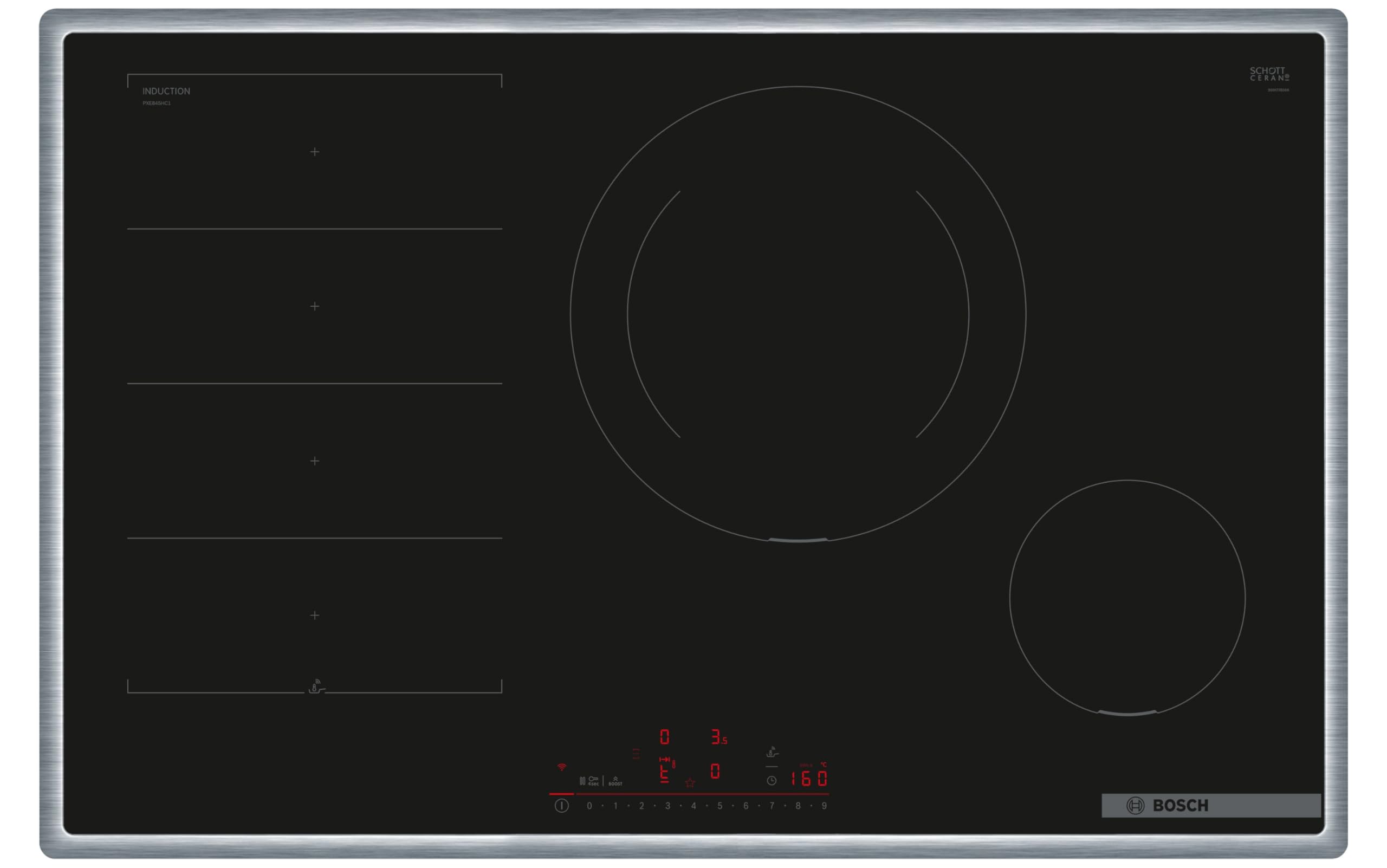Bosch PXE845HC1E Serie 6 Induktionskochfeld (autark), 80 cm breit, intuitive Bedienung, 28 cm große Induktions-Kochzone, PerfectFry Plus Bratsensor, anpassbare Kochzonen