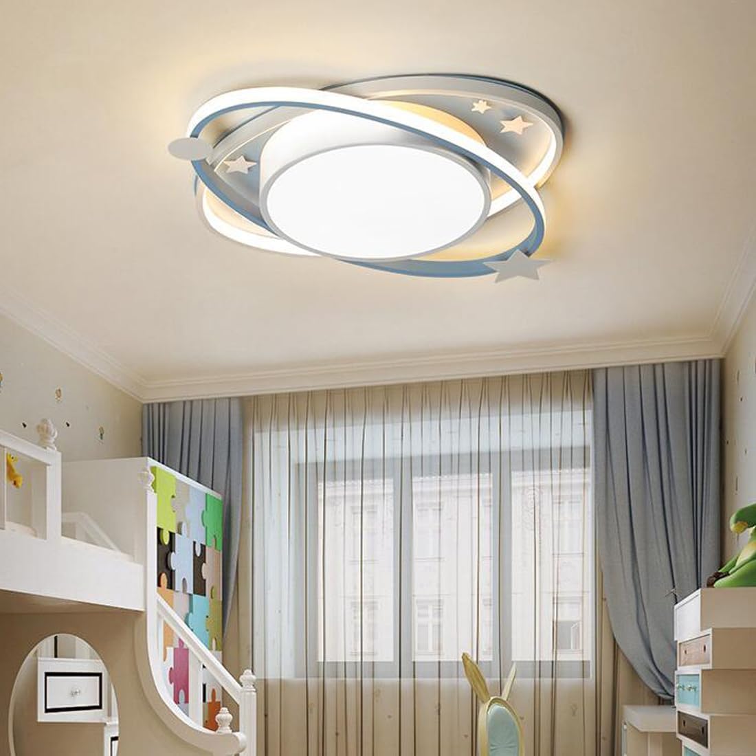 Ceiling Light Children's Room Blue Cartoon Ring Design Lamp Dimmable LED Lighting Modern Children Girls / Boys Room Ceiling Lamp with Remote Control Pendant Lamp Bedroom Oval Acrylic Shade 55 cm 50 W