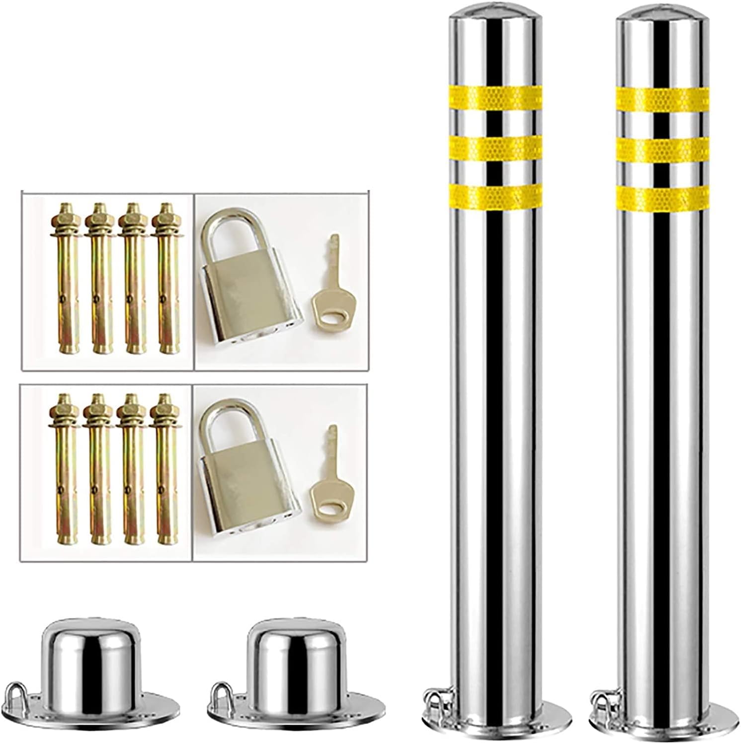 Security Parking Bollard Post Stainless Steel Security Posts For Driveways �?pcs Parking Restriction Barrier Posts Reflective Tape Parking Post Bollards Prevent Rust Easy Installation