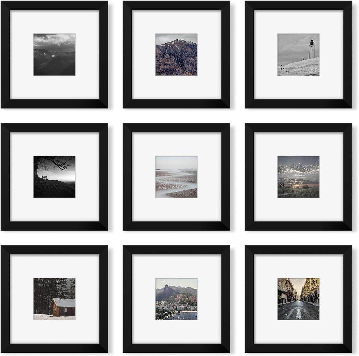 8x8 Picture Frame Set of 9, Photo Gallery Wall Frame Set, Display Pictures 4x4 with Mat or 8 x 8 Without Mat, Square Frame Picture Frames Collage Wall Decor, Black Black 8x8 in