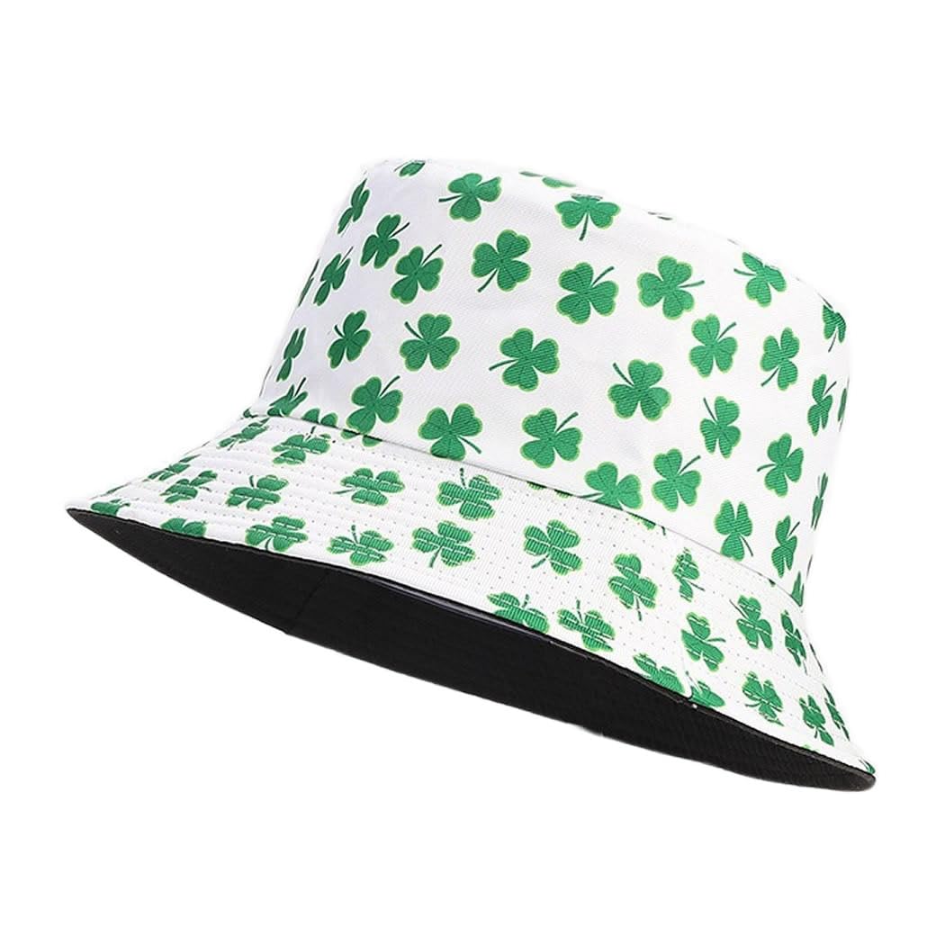 Quanhaigou Shamrock St Patricks Day Party Green Bucket Hats Unisex Summer Travel Beach Fisherman Cap for Men Women Teens (White Leaf Clover)