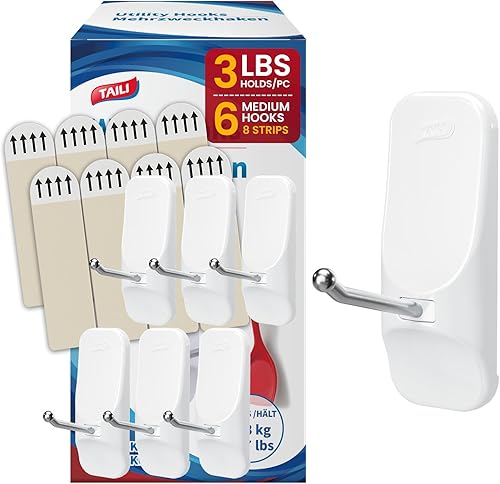 Miniatura 14 de TAILI Ganchos para Colgar, 2 Ganchos Adhesivos Grandes de Plástico y 4 Tiras Adhesivas, Ganchos Utilitarios Blancos para Pared Pintada, Sin Daños,