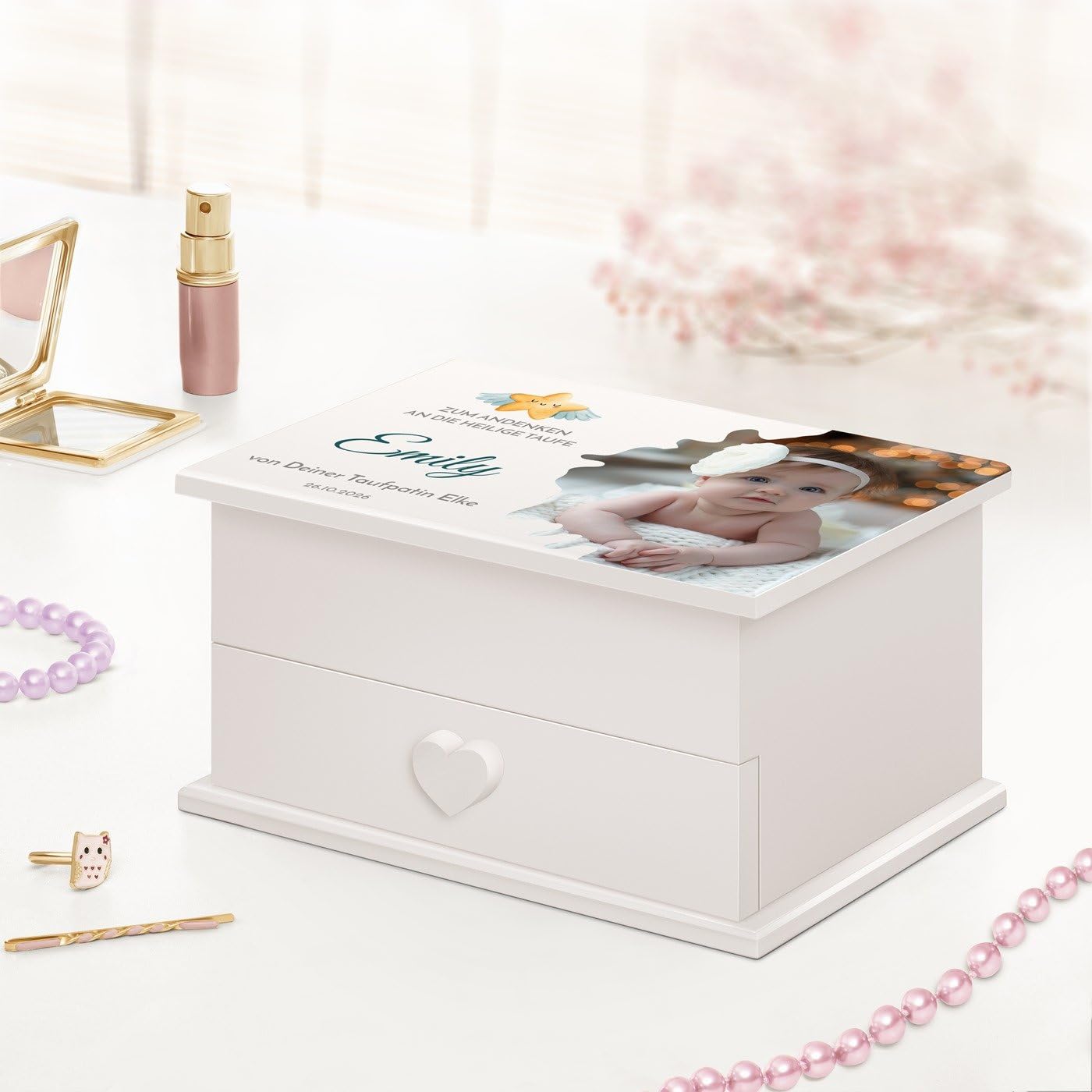 Maverton Jewelkeeper mit Aufdruck - Schmuckschatulle mit Spieluhr Ballerina - Musikschmuckdose für Mädchen - Schmuckkästchen zur Taufe - zur Erstkommunion - zum Geburtstag - mit Schublade - Andenken