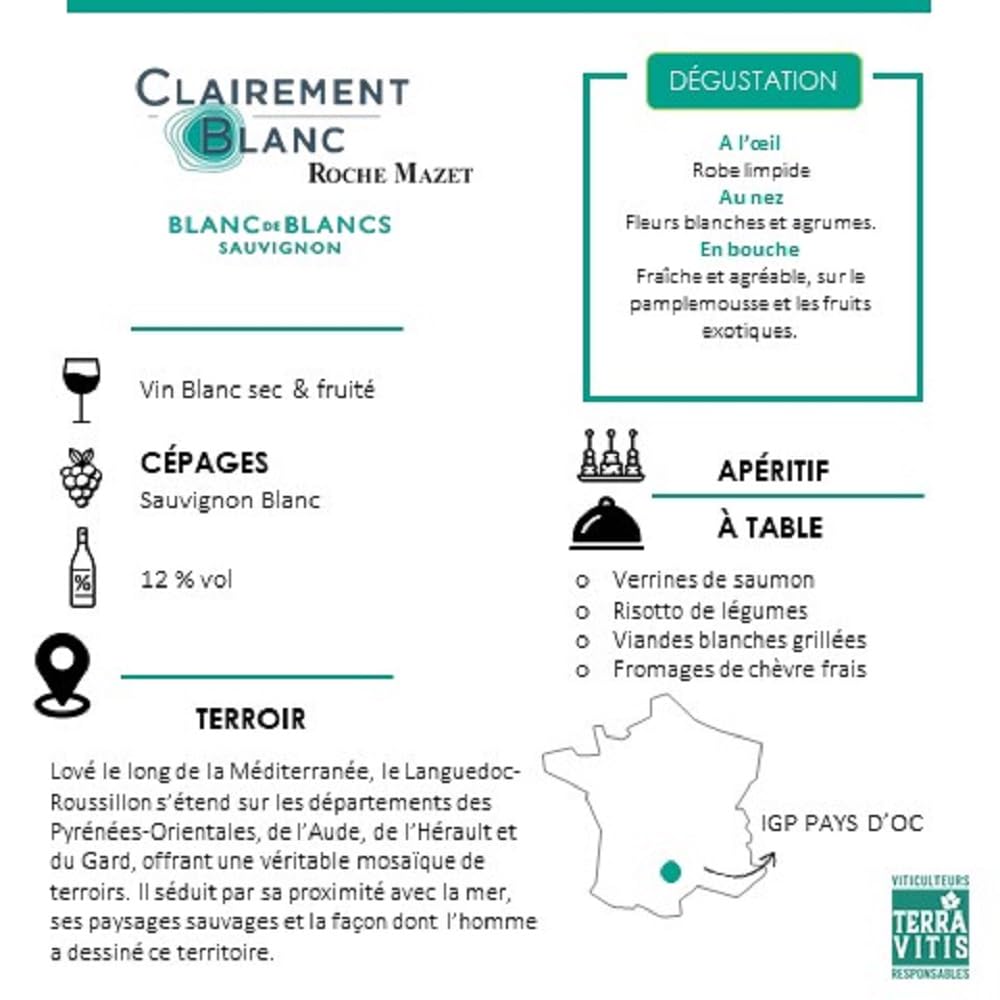 Roche Mazet Clairement Blanco Sauvignon IGP Pays d'Oc - Vino blanco francés - Pack 6 botellas x 75cl - Certificado Terra Vitis - ideal aperitivo y comidas estivales