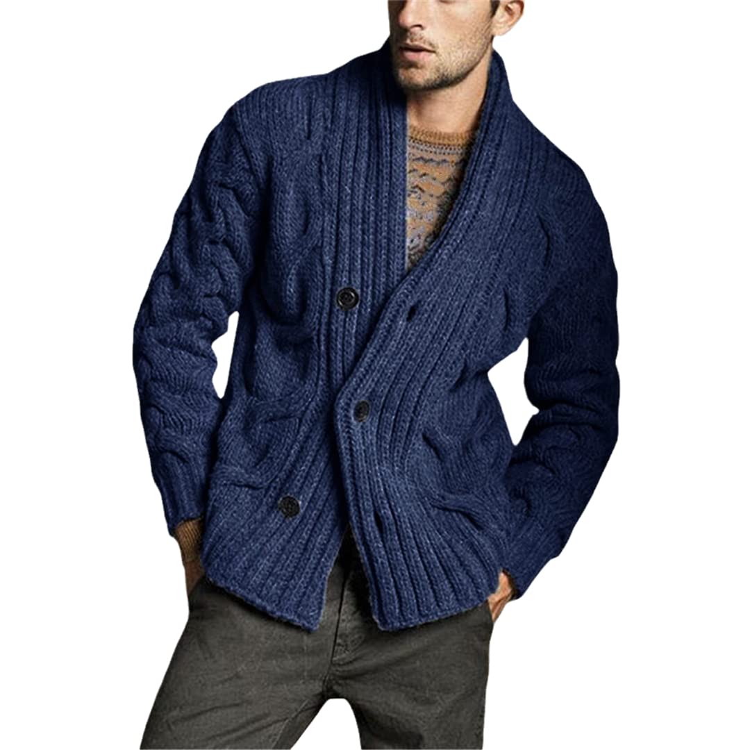 Vogrtcc Hombres Casual Cardigan Suéter Color Sólido Ajuste Botones De Punto De Moda Masculina Suéter Cardigan Suéteres, Nfz211 Azul marino, L