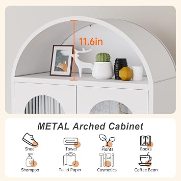 winiowa White Metal Arched Cabinet, 73'' Tall Kitchen Pantry Cabinet with Doors & 3 Shelves, Modern Farmhouse Storage Cabinets, Versatile Arched Bookcase for Kitchen, Dining Room