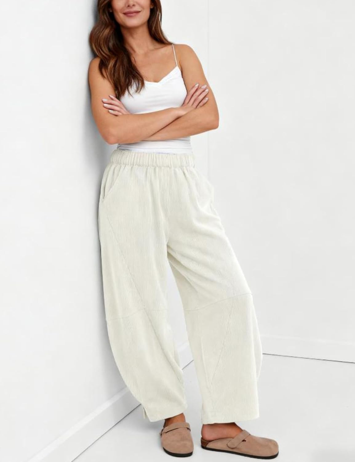 Athlisan Womens Corduroy Pants Wide Leg Cropped Barrel Baggy Elastic Waist Trousers with Pockets - Image 5