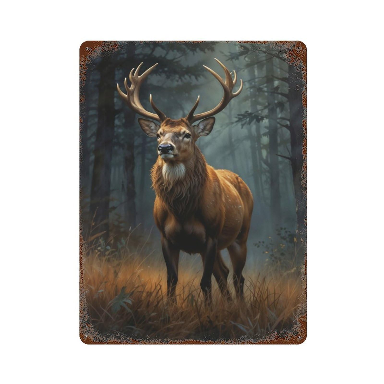 Vintage Rust Metal Sign Majestic Deer in Forest 15.7"x11.8", Shabby Chic Decor for Cafe, Home Bar And Lounge Decor