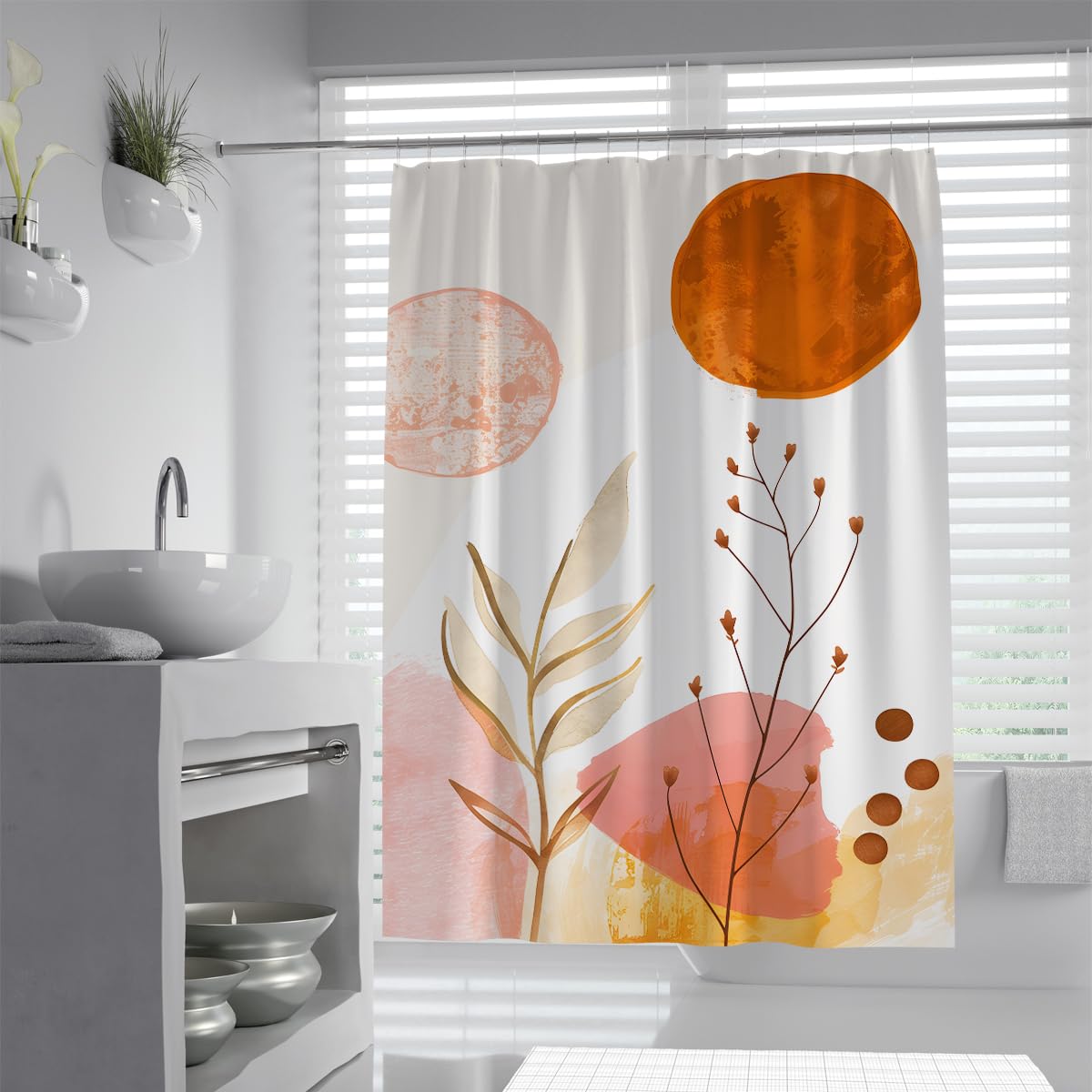 UIRINGART Boho Bathroom Curtains W120xL180cm Abstract Geometric Sun and Plant Botanical Leaf Branch Pattern Mildew Mould Resistant Polyester Fabric Shower Curtain