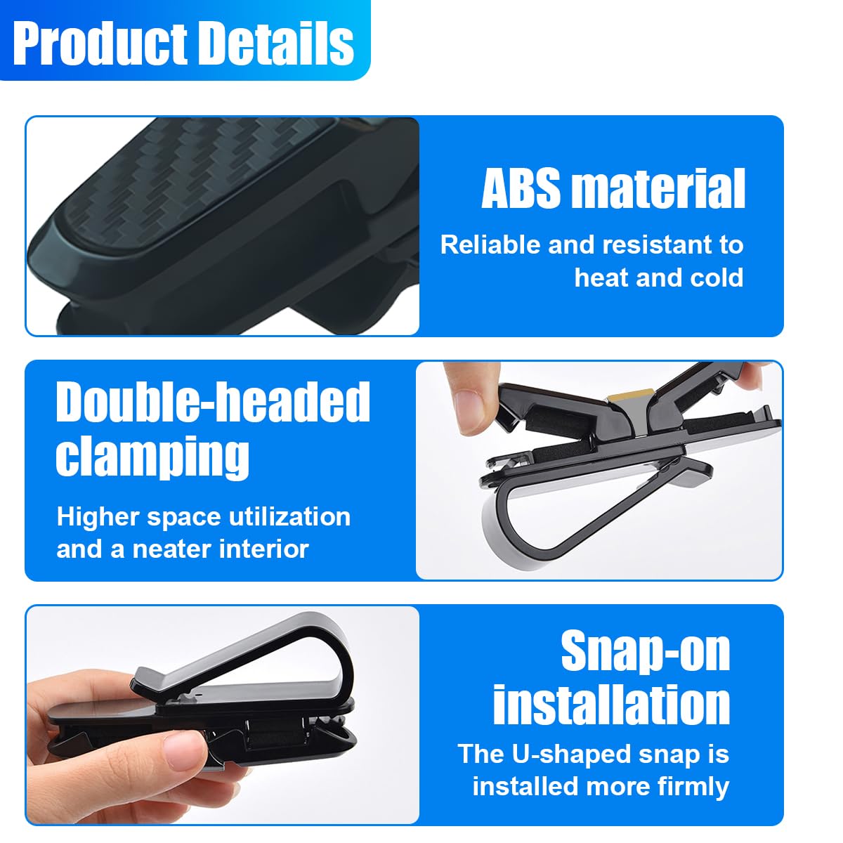 2 soportes para gafas para visera solar de automóvil, soporte de gafas de sol de doble extremo, clip giratorio de 180 grados, accesorio organizador universal para lentes interiores de