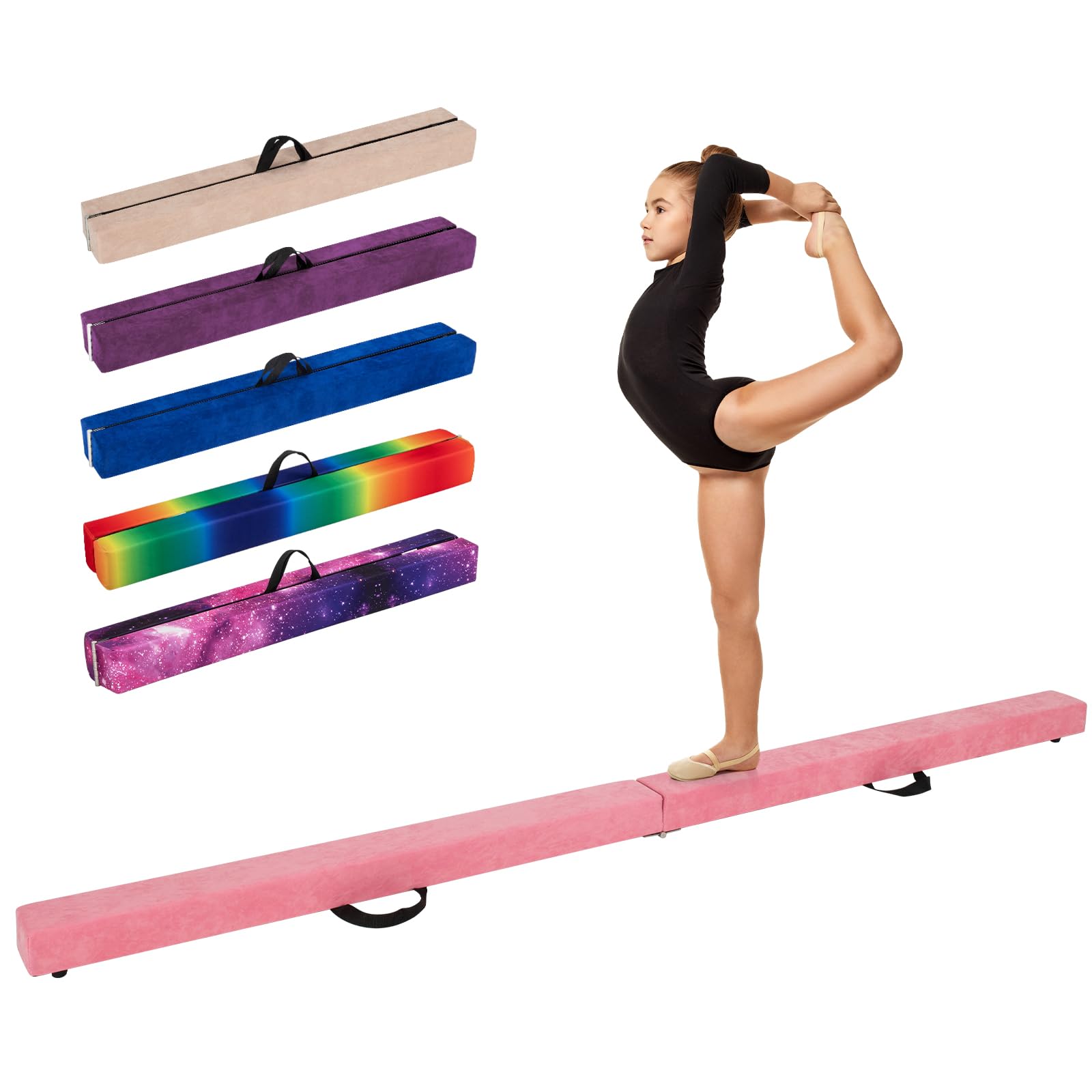 COSTWAY Folding Gymnastics Balance Beam, 7FT/8FT/9FT Kids Training Beam with Carry Handles, Anti-Slip Base, Floor Gymnastics Beams for Home Gym Exercise (Pink, 270cm)