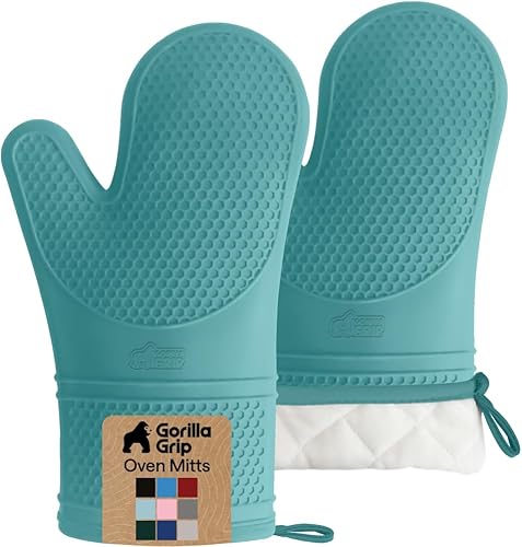Vista 33 de GORILLA GRIP - Juego de guantes de horno de silicona suave sin BPA, guantes de cocina resistentes al calor e impermeables, forro de algodón grueso