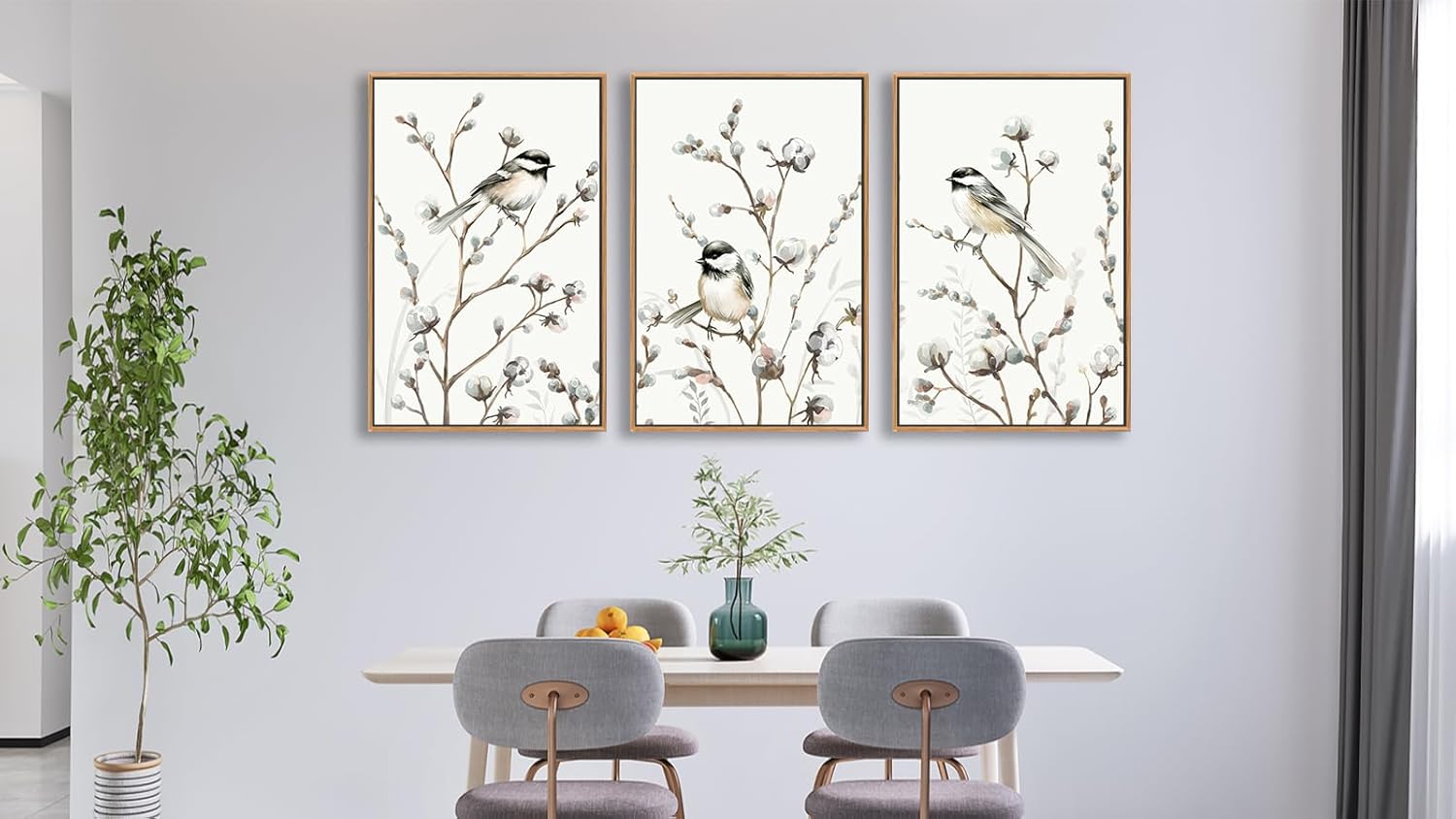 Large Bird Wall Art for Living Room Natural Wood Float Framed Art Set of 3 Tropical Plant Pictures Boho Artwork Creame White Flower Canvas Prints for Bedroom Kitchen Home Office Wall Decor 16"X24"X3