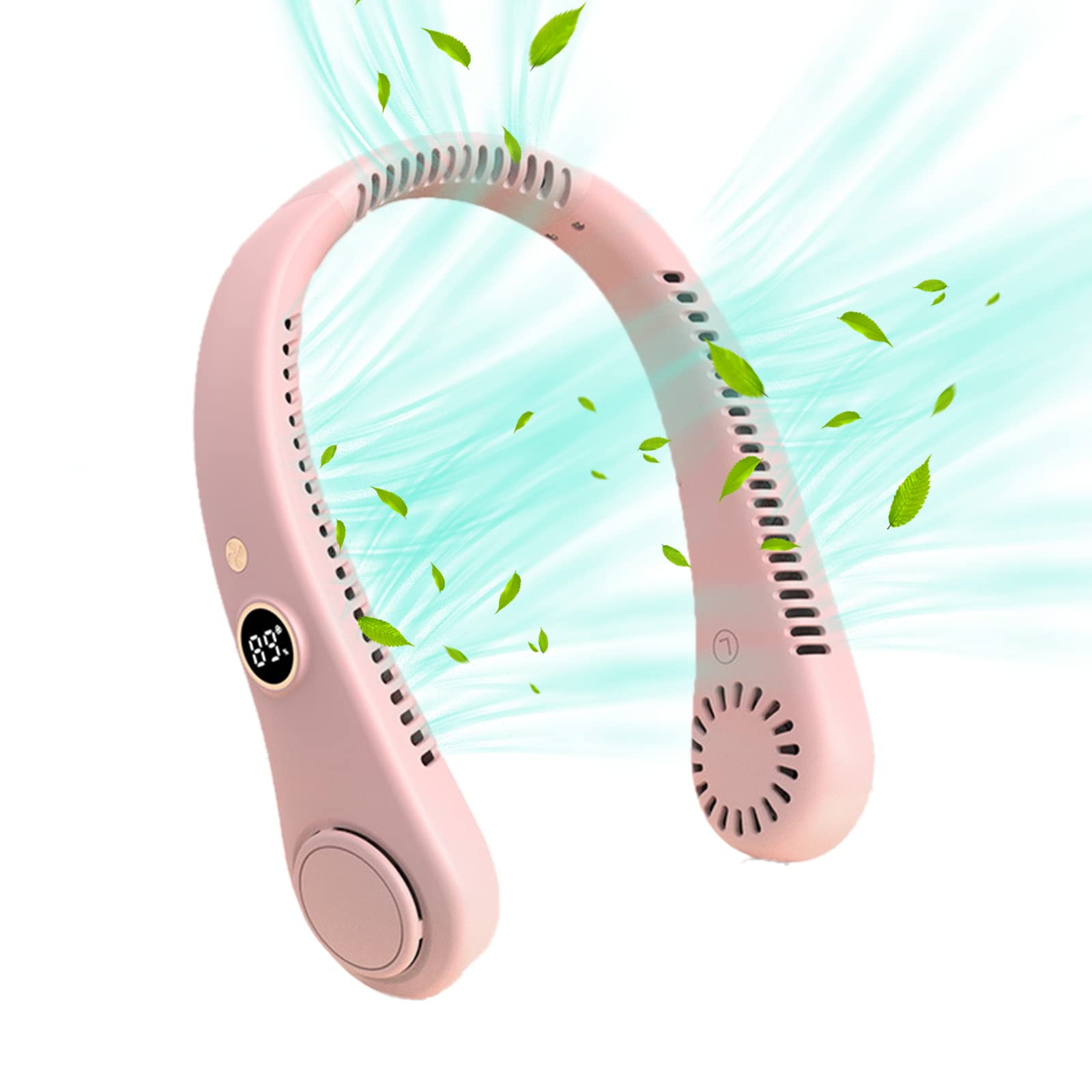 BOSTEU 5 Speeds Wearable Headphones Personal Fans Round Neck Quiet Rechargeable Neck Fan Hands Free Cooling Fan for Adults (pink)