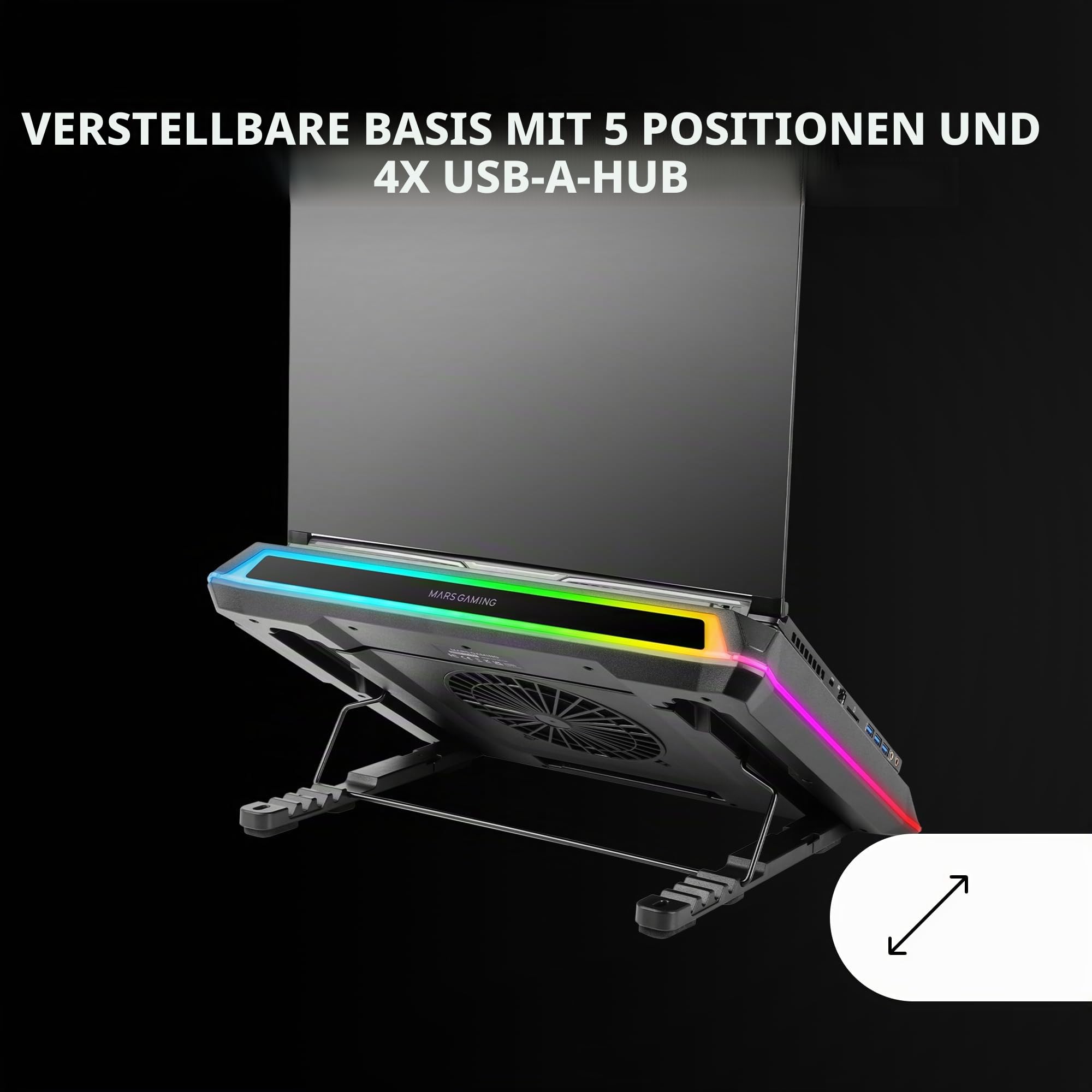 Mars Gaming MNBC-Ultra, Kühlbasis und Ständer, 140mm Lüfter, CoolCore Airflow Technologie, RGB Chroma, 5 Positionen, Kompatibel mit Laptops bis 18”, Smartphone-Halterung, 4X USB-A, Schwarz