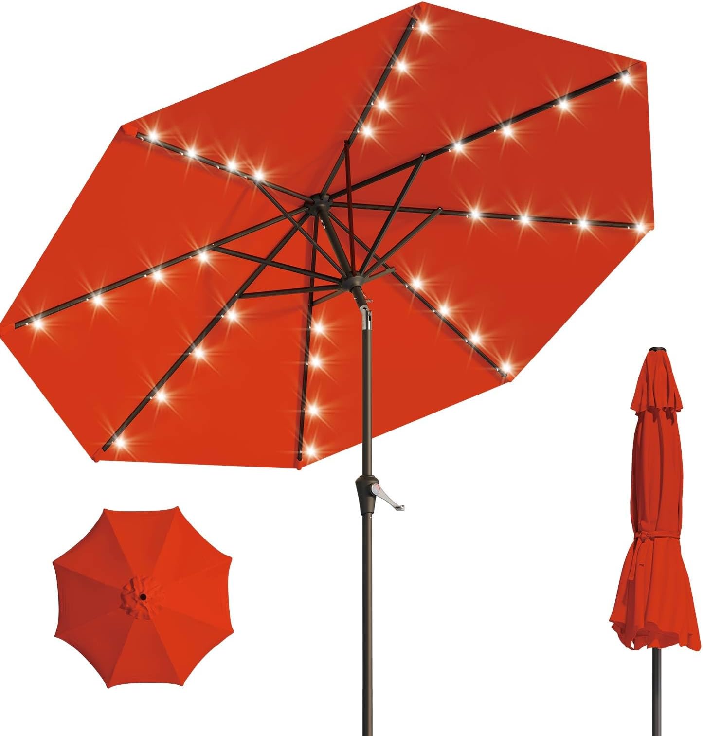 9FT Solar Umbrella 32 LED Lighted Patio Umbrella Table Market Umbrella w/Tilt and Crank Outdoor Umbrellas for Garden, Deck, Backyard, Pool and Beach, Orange