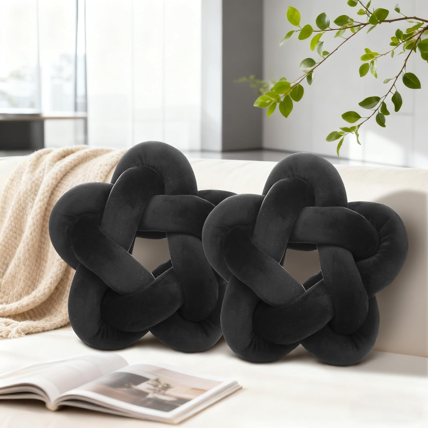 2 Piece Knot Pillows, Black Throw Pillows Knotted Star Cushion Decorative Plush Pillow for Bedroom Living Room, Black 12.59"