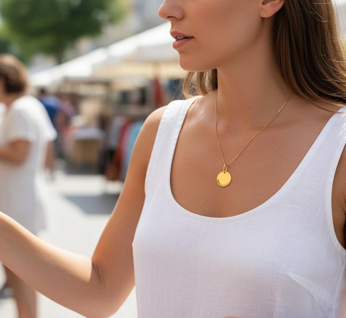 Collana con Medaglia Tonda Personalizzabile in Argento 925 Placcato Oro, Incisione Gratuita