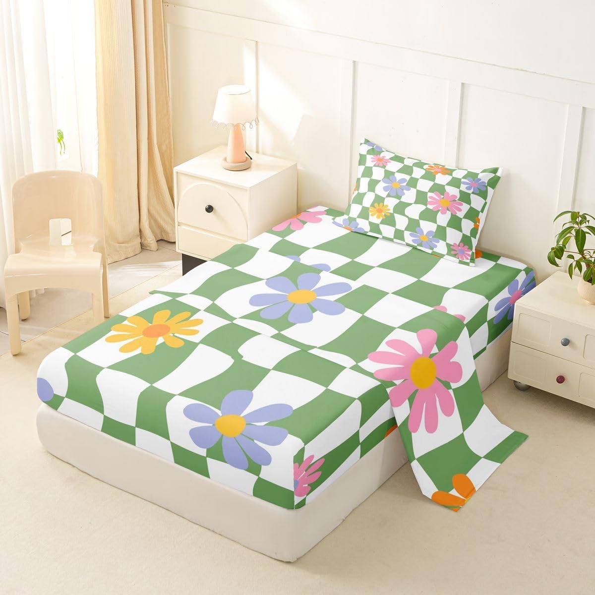 Erosebridal Rustic Boho Floral Sheet Set Bright Green Gingham Plaid Twin Sheets Set for Toddler Boys,Aesthetic Lattice Checkerboard Modern Geometric Abstract Art Fitted Sheet