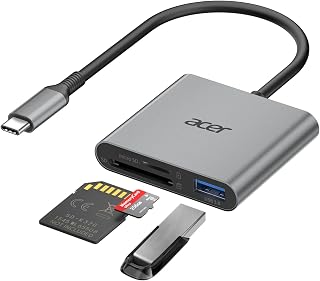 Acer 3-in-1 USB-C SD Card Reader: Dual Slots, MicroSD & USB 3.0 for iPhone 16/15, MacBook, Android - 5Gbps Fast Transfer