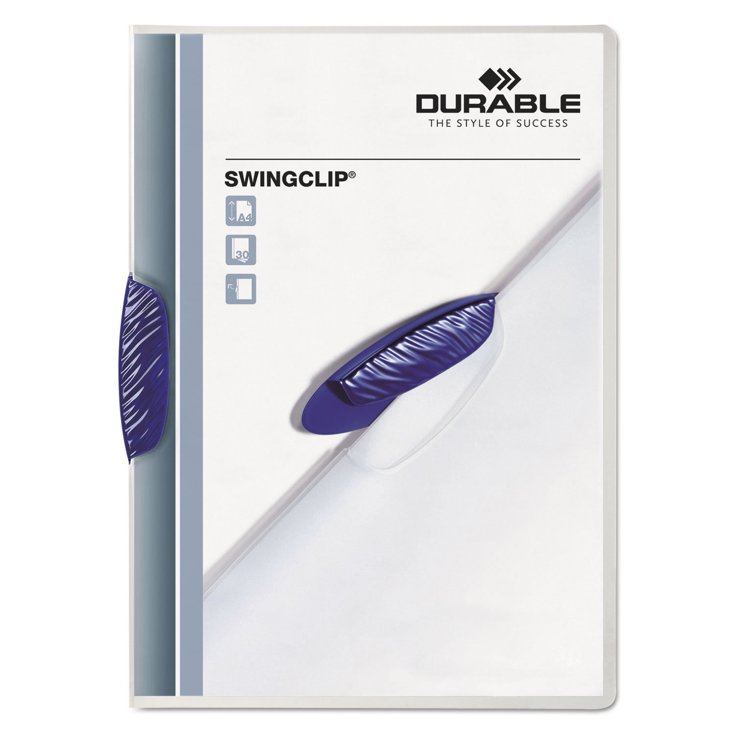 Durable Copertina per relazioni con clip a scatto formato lettera, 21,6 x 27,9 cm, contiene fino a 30 pagine, copertina trasparente e bordo blu scuro, confezione da 25
