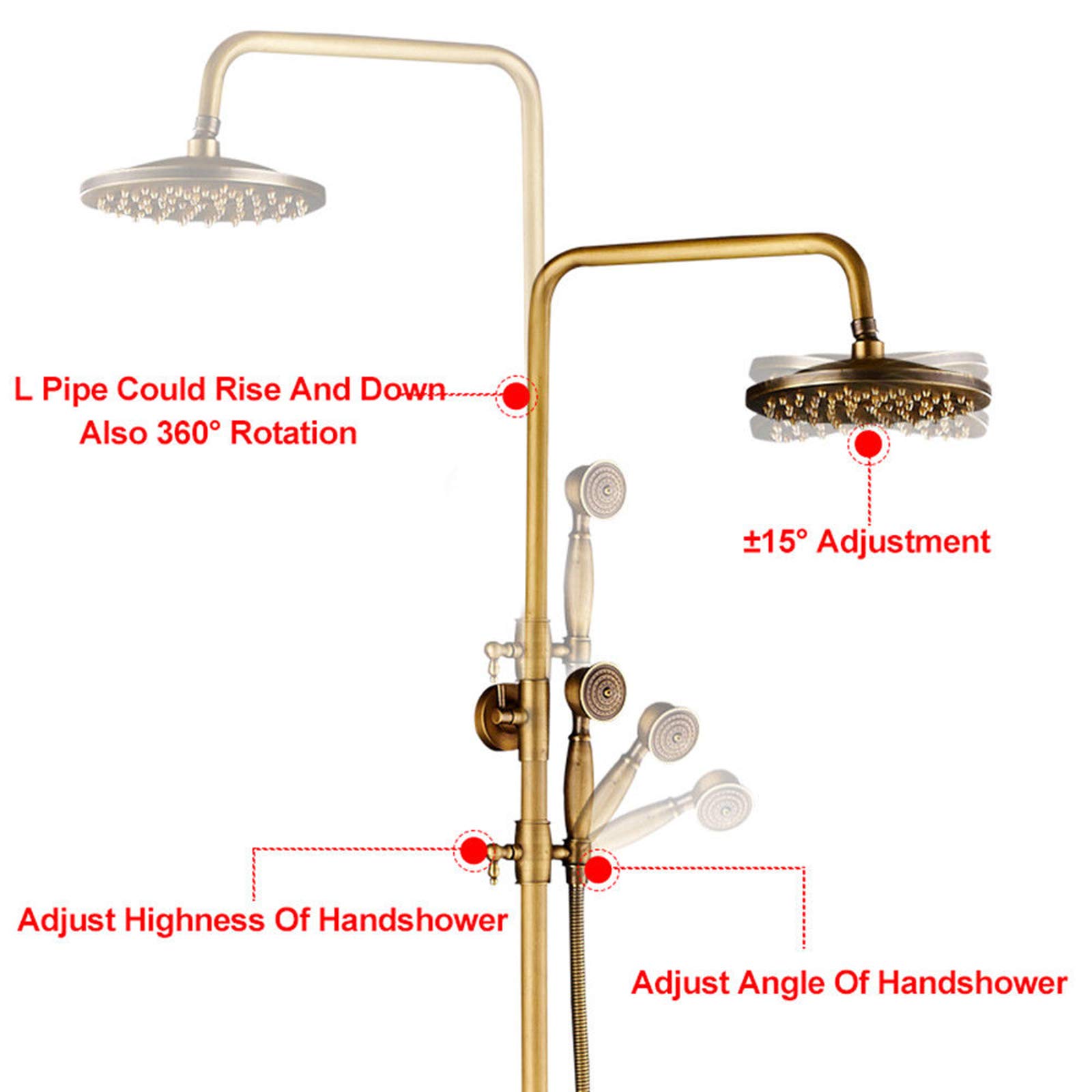 Retro Cascada Grifo de la Ducha Tina Latón Antiguo Kit con Soporte Extensible (100-135 cm) 3 Salidas 8" Cabezal de ducha superior + ducha de mano + bañera
