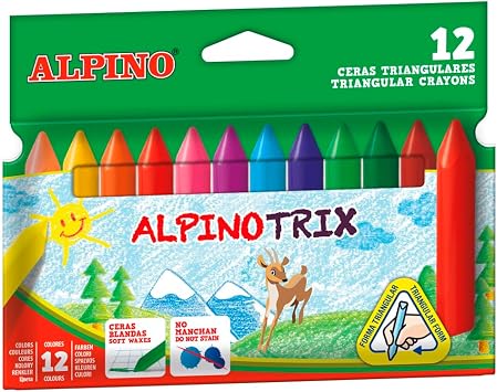 Alpino - Set of 12 AlpinoTrix coloured crayons | Triangular format | Long Lasting and Resistance | Diversity of Colours | Creativity Without Limits | Case Waxes, PK000012