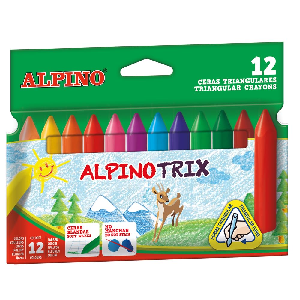 Alpino - Box of 12 AlpinoTrix Colouring Pencils | Triangle Format | Long Duration and Resistance | Variety of Colours | Creativity Without Limits | Wax Case