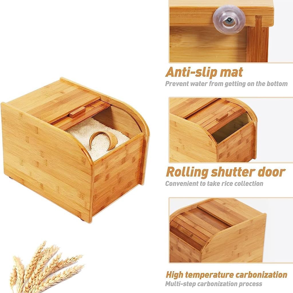 Contenitore in legno di bambù per riso con coperchio scorrevole e misurino, dispenser per cereali, cereali e pasta in cucina