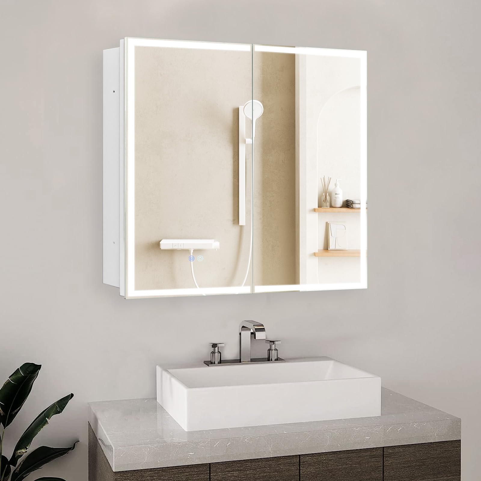 Botiquín de baño de 32 x 26 pulgadas con luz LED y doble puerta